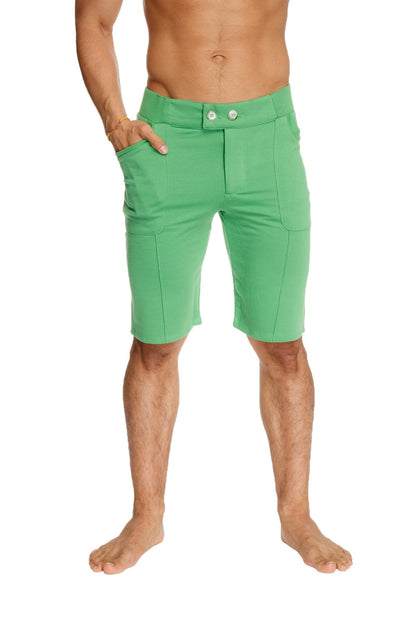 Green tailored fit urban tactical at home dress shorts in bamboo green with two front buttons and side pockets