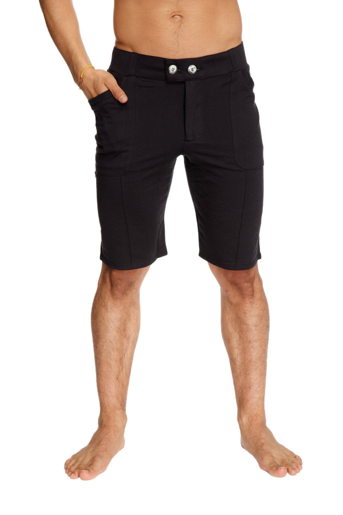 Urban tactical at home dress shorts in black with sleek modern design and silver toned button closures at the waistband