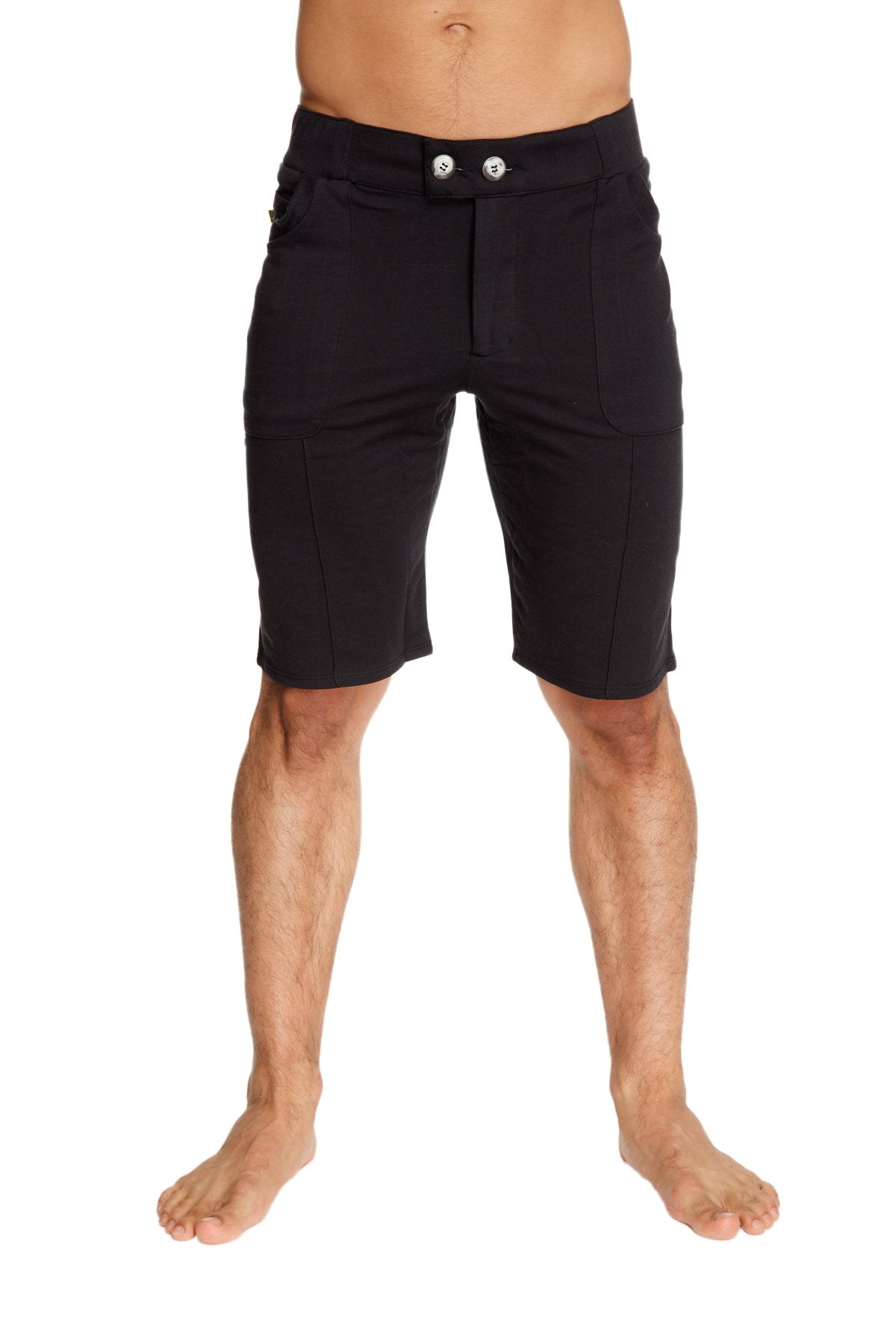 Black urban tactical at home dress shorts with sleek modern design and silver toned button closures at the waist