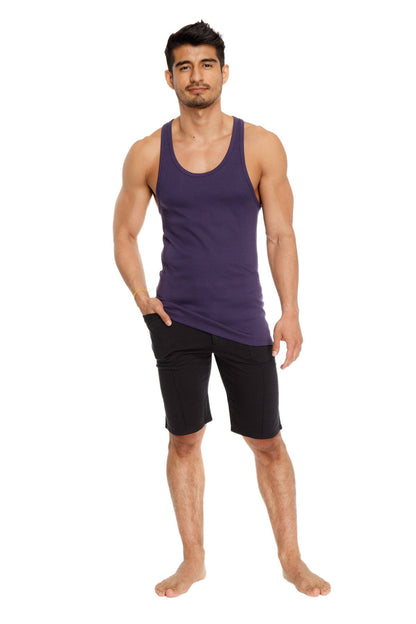 Purple sleeveless tank top paired with black urban tactical at home dress shorts for casual comfort
