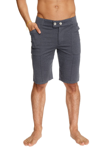 Urban tactical at home dress shorts in charcoal dark gray textured fabric with front pockets and silver buttons at waistband
