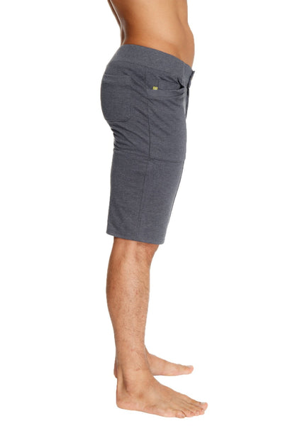 Urban tactical at home dress shorts in charcoal gray heathered fabric with drawstring waist side pockets and green logo