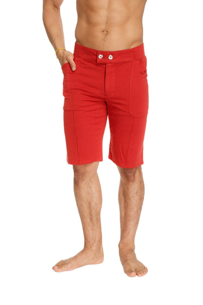 Urban tactical at home dress shorts in cinnabar red featuring buttoned waistband and side pockets for casual wear