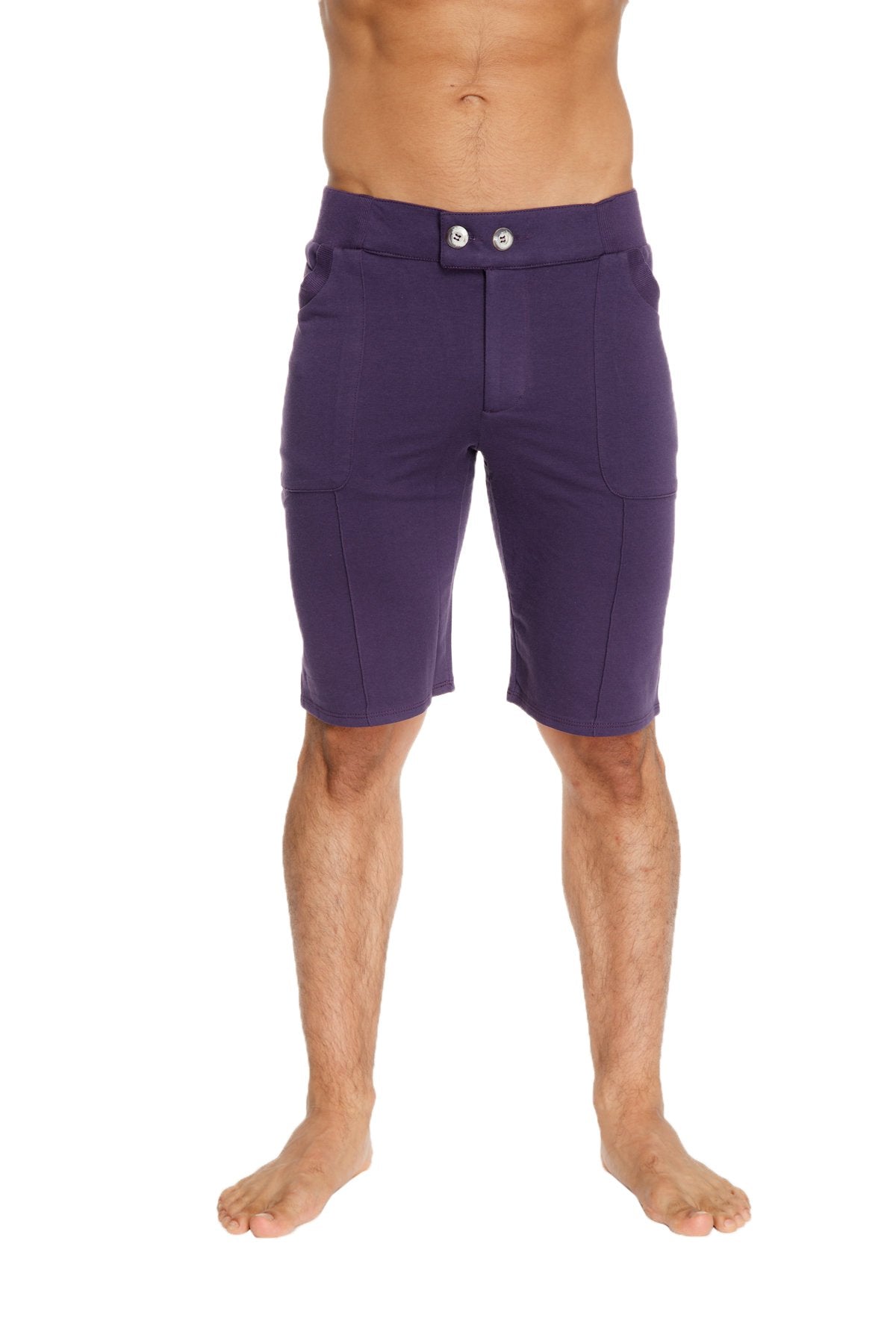 Urban tactical at home dress shorts in eggplant purple with sleek form-fitting design and silver-toned waistband buttons