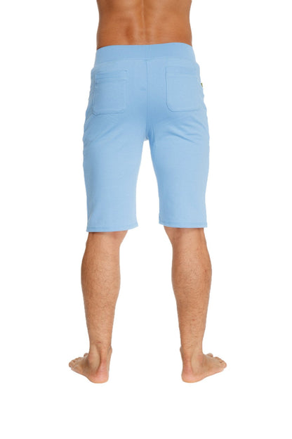 Light blue urban tactical at home dress shorts with soft texture relaxed fit and two back pockets shown from the back