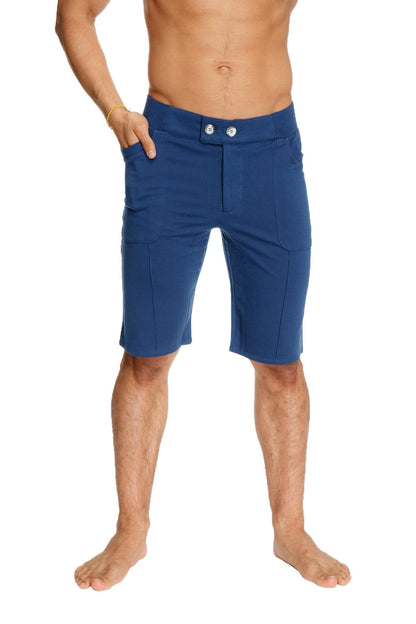 Navy blue urban tactical at home dress shorts with silver buttons and side pockets for casual athletic wear