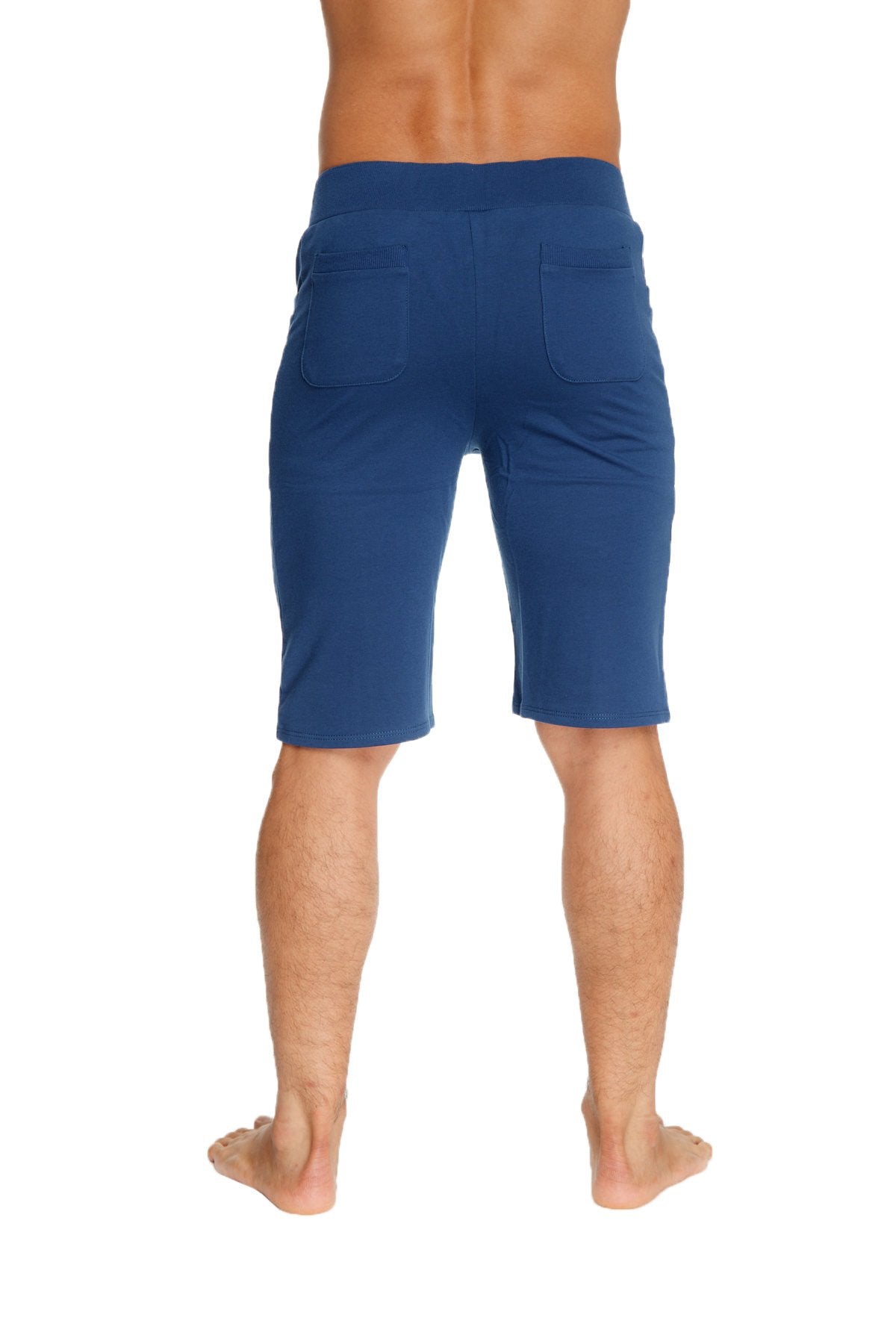 Back view of urban tactical at home dress shorts royal blue with elastic waistband and two rear pockets