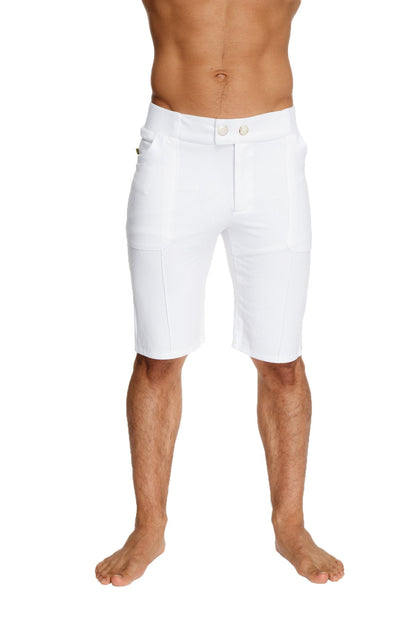 White mens urban tactical at home dress shorts with tailored design and button closure in clean white color