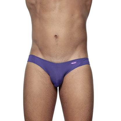 Purple groovin underwear athletic v-cut bikini brief with sleek form-fitting design and brand tag on waistband