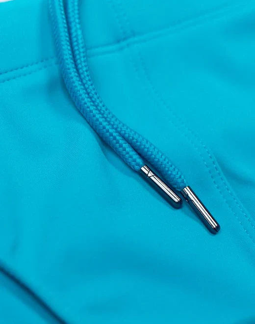 Bright turquoise drawstring with metallic silver aglets on v10 core bikini swimwear accessory