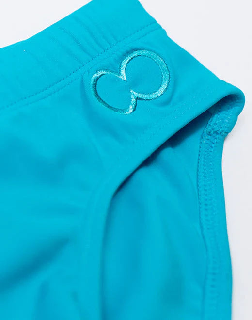 Turquoise v10 core bikini athletic shorts with subtle embroidered infinity symbol on waistband for active wear