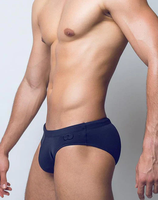 Navy blue v10 core bikini men’s briefs with subtle textured pattern and small embroidered logo on front waistband