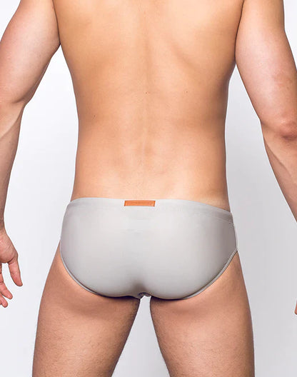 Gray V10 core bikini briefs with a small orange label on the waistband for comfortable everyday wear