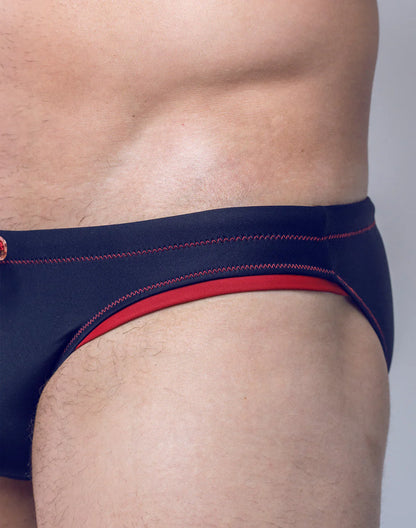 Navy blue v22 rapid swim brief with red trim and contrasting stitching designed for quick drying and swim performance