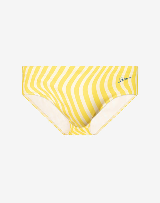 Yellow and white wavy striped v40 printed swim sungas with subtle brand logo on the side in dolce yellow