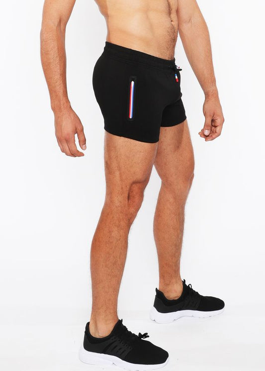 Vault gym-tech black athletic shorts with vertical stripe and three color heat weld zippers for workout use