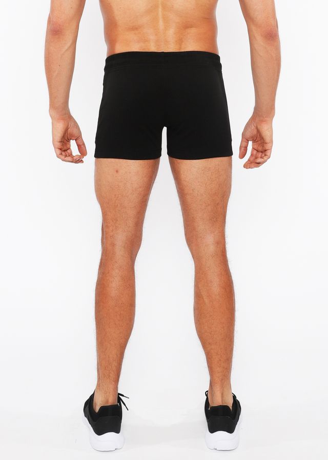 Black vault gym-tech shorts with elastic waistband and three color heat weld zippers for athletic use