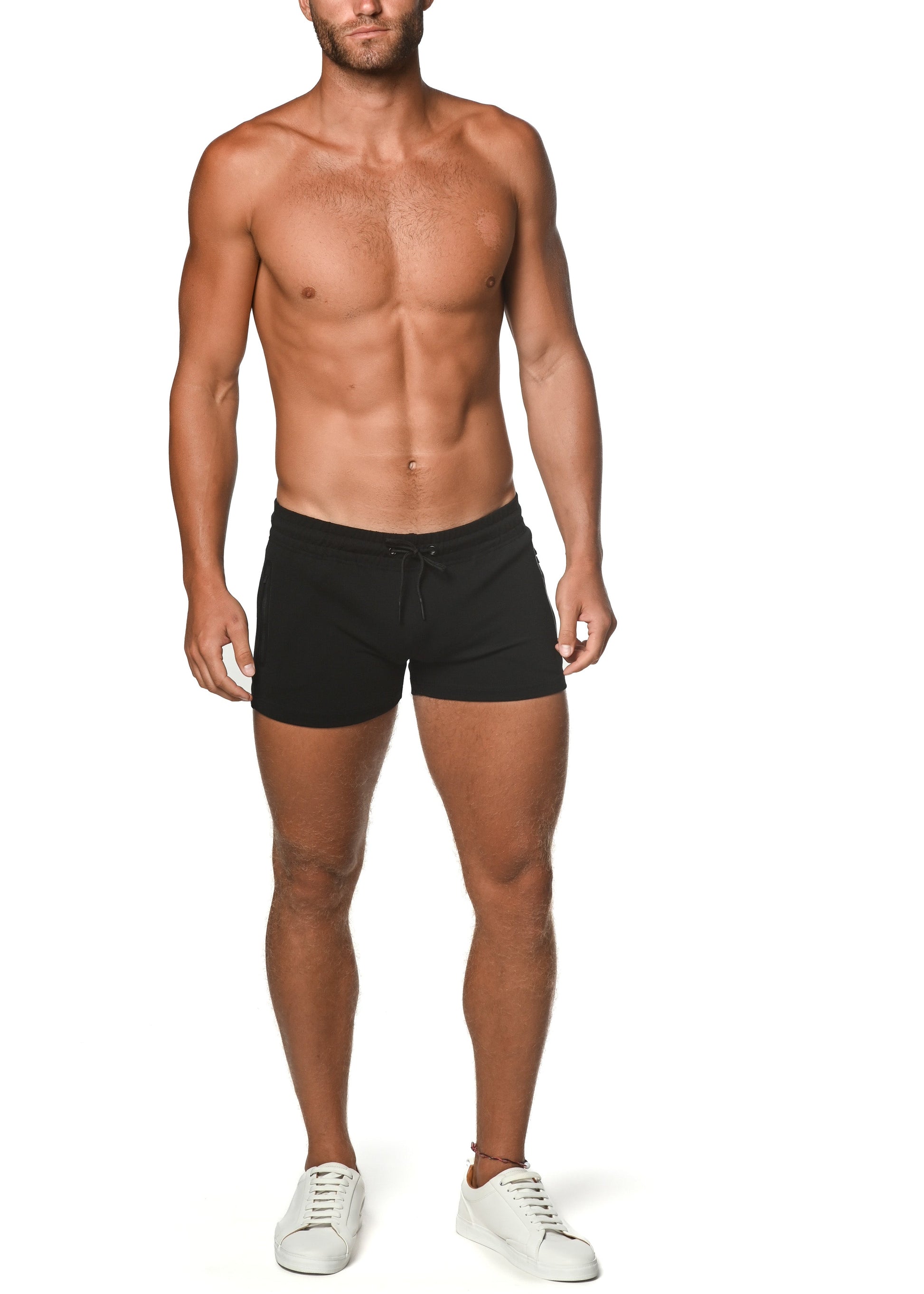 Black vault gym-tech stretch swim trunks with drawstring and heat weld zippers designed for active use