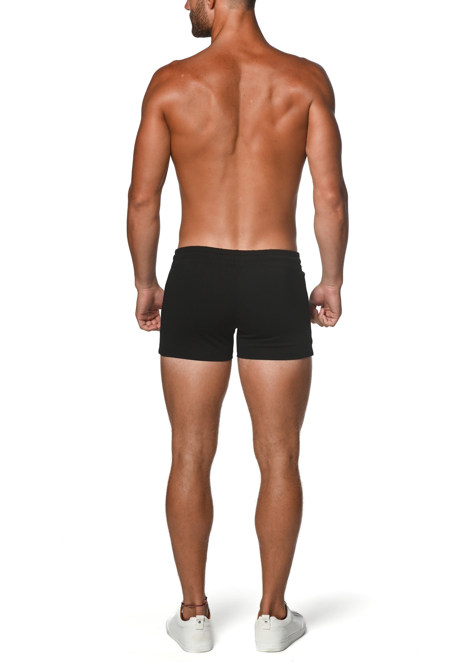 Black vault gym-tech stretch shorts with heat weld zippers featuring smooth form-fitting briefs design