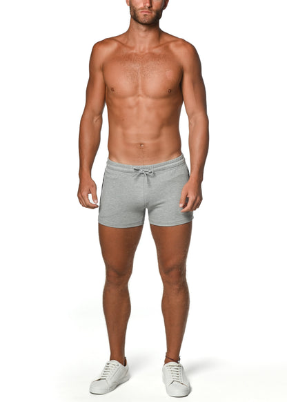 Gray vault gym-tech stretch athletic shorts with heat weld zippers and drawstring waistband for workout use