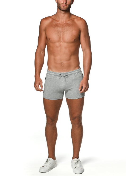 Gray vault gym-tech stretch athletic shorts with heat weld zippers and drawstring waistband for workout use