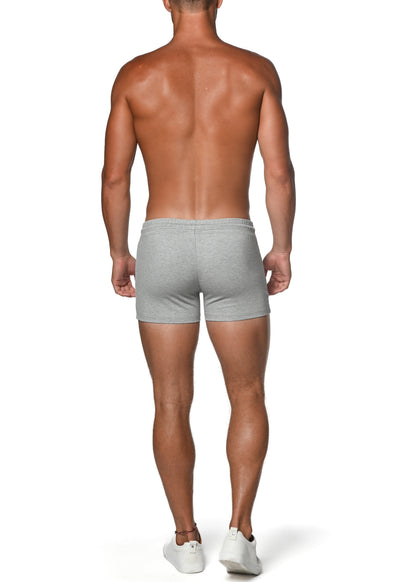 Gray vault gym-tech stretch shorts with heat weld zippers feature a snug fit and elastic waistband for athletic use