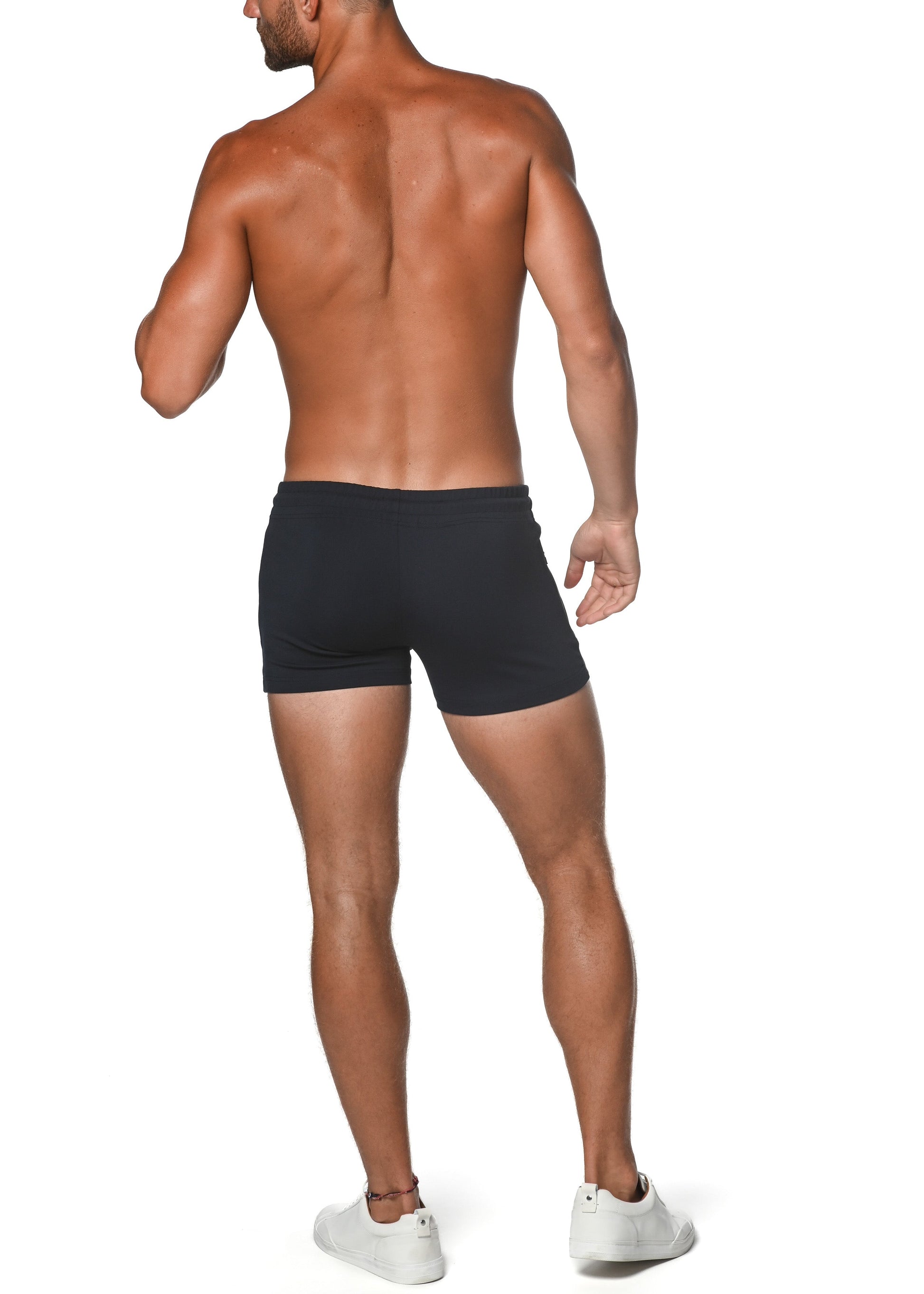 Black vault gym-tech stretch shorts with heat weld zippers featuring smooth form-fitting briefs design