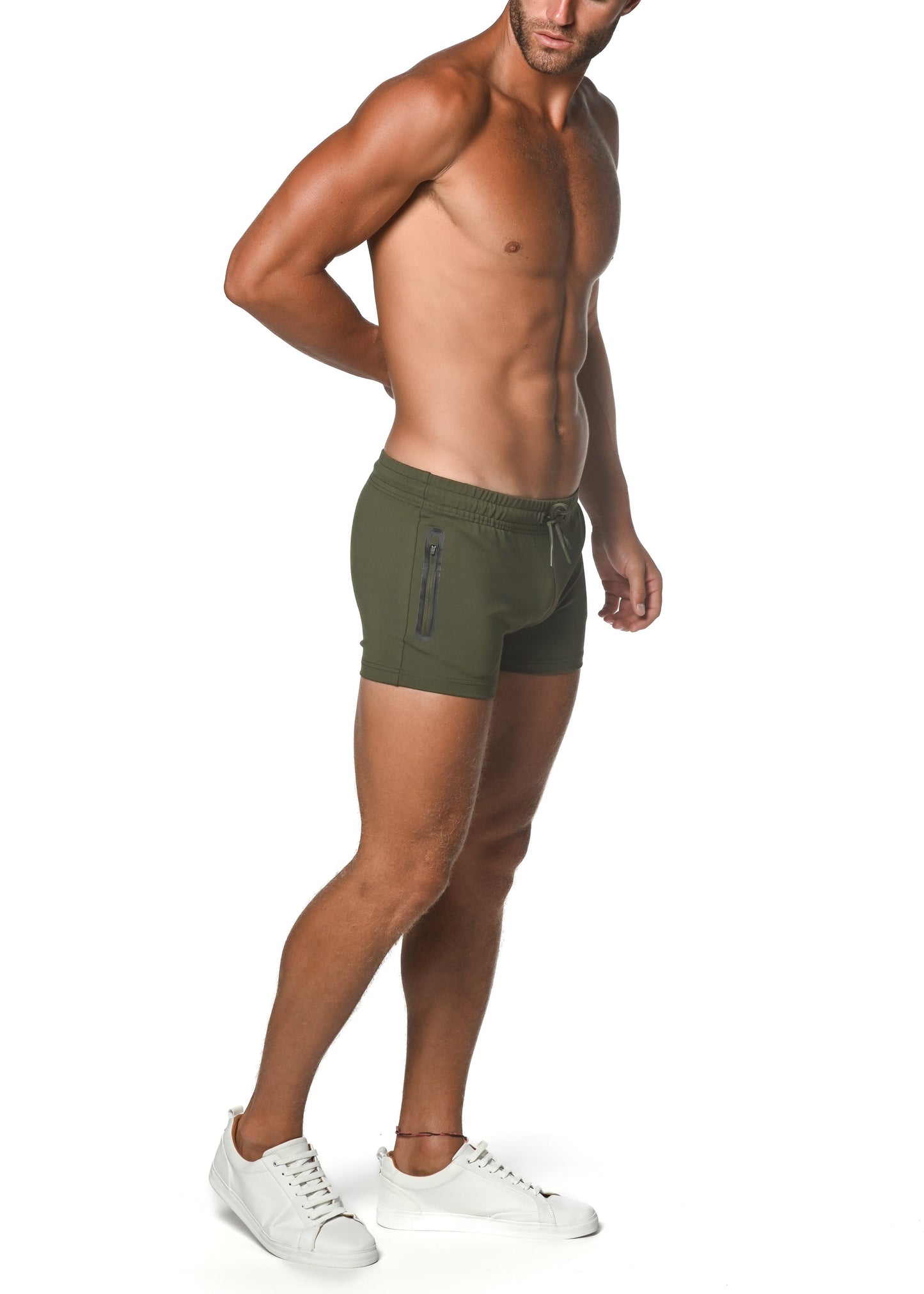 Olive green vault gym-tech stretch shorts with heat weld zippers side zipper pocket and drawstring waistband