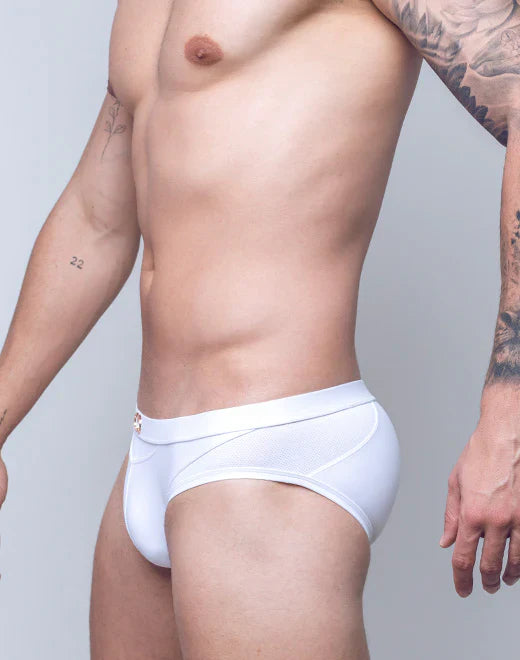 White vb13 swim brief athletic briefs with textured mesh panel and subtle logo on waistband front side