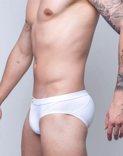 White vb13 swim brief athletic briefs with textured mesh panel and subtle logo on waistband front side