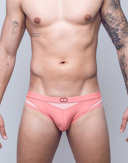 Pink vb13 swim brief athletic briefs with mesh panel and infinity symbol logo on waistband