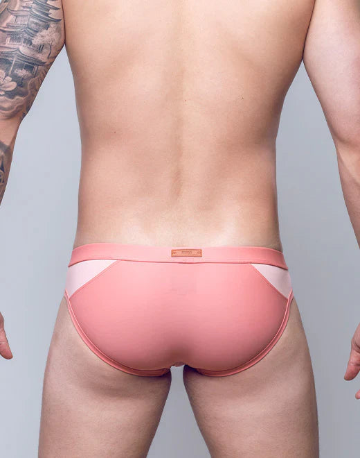 Pink and white VB13 swim brief athletic briefs with a sleek contoured design for comfortable active wear