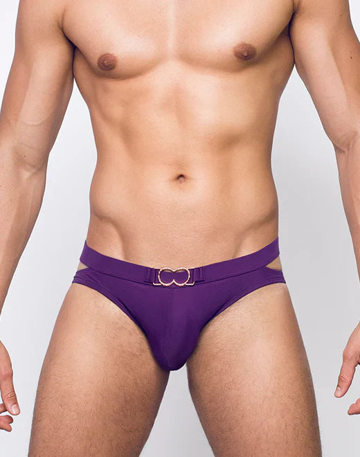 Purple men’s swim brief with gold-toned double-ring belt buckle from VB21 BLK LABEL swim brief collection