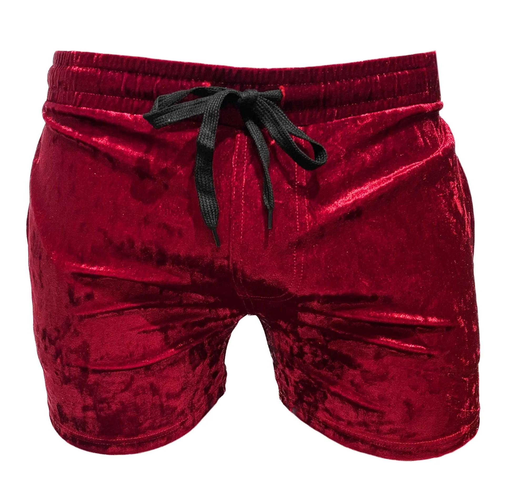 Rich red velvet pocket shorts with black drawstring waistband made from soft velvet material