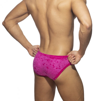 Vibrant fuchsia velvet shady bikini brief lace briefs with textured pattern and solid pink trim front view