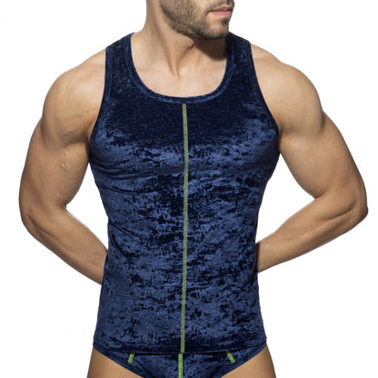 Deep blue velvet tank top with a contrasting lime green front zipper named Velvet Shady Tank Top