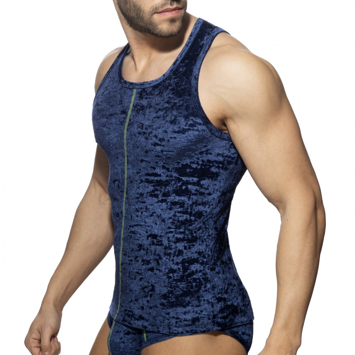 A navy blue velvet velvet shady tank top with a central zipper detail perfect for stylish casual wear