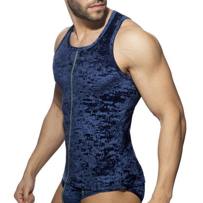 A navy blue velvet velvet shady tank top with a central zipper detail perfect for stylish casual wear