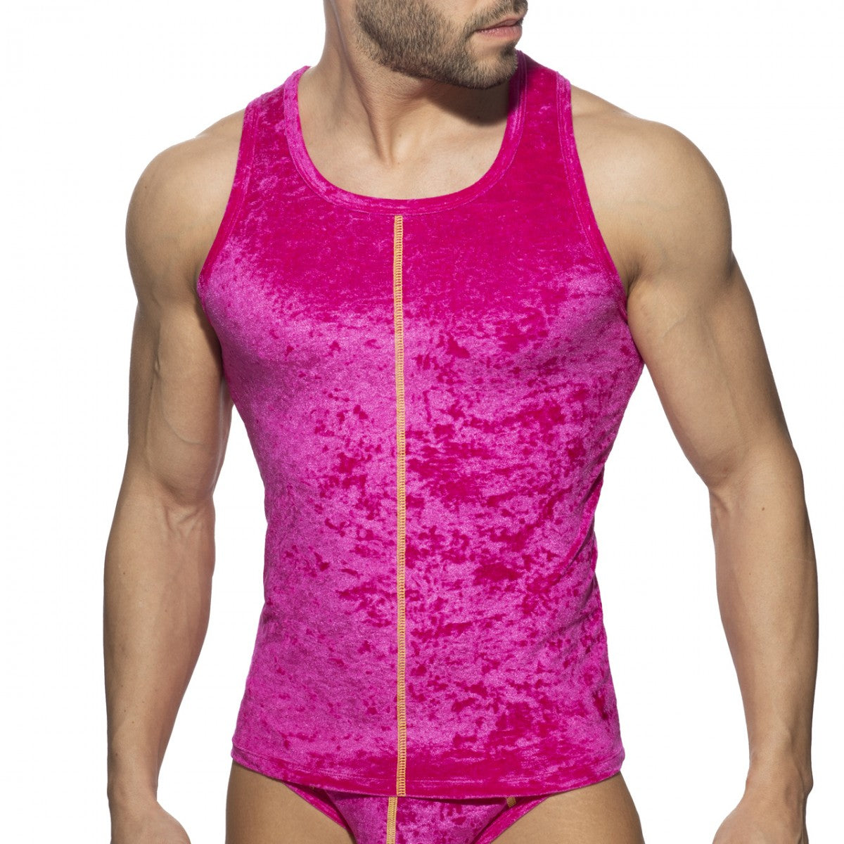 A vibrant fuchsia velvet tank top with a contrasting orange zipper down the front called velvet shady tank top