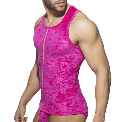 Vibrant pink velvet shady tank top for men with a central zipper and soft textured fabric
