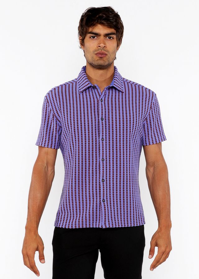Vertical stripe open stretch knit shirt in purple and dark purple with short sleeves and button-up front