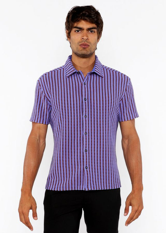 Vertical stripe open stretch knit shirt in purple and dark purple with short sleeves and button-up front