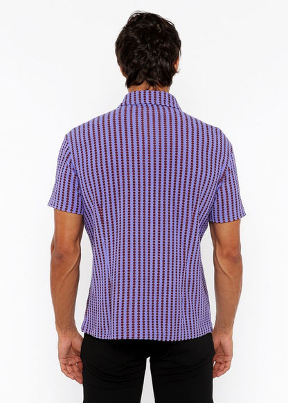 Vertical stripe open stretch knit shirt in purple and dark purple with short sleeves and a textured weave
