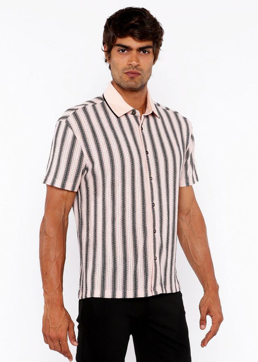 A man wearing a vertical stripe open stretch knit shirt with rib collar in black, off-white, and light pink colors
