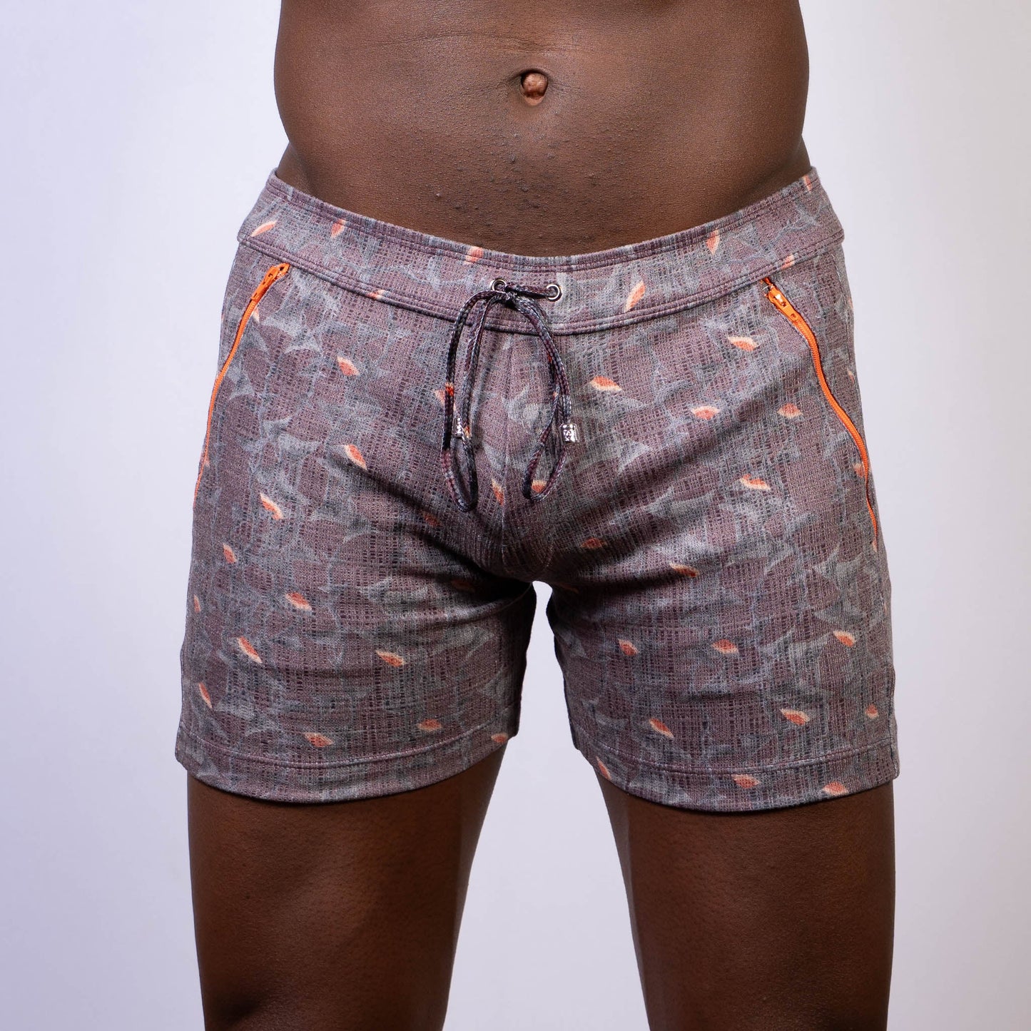 Gray vintage stripes linen texture shorts with subtle pattern small orange fish and bright orange side zippers