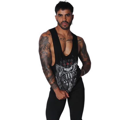 Black deep-scoop muscle tank with vintage-style eagle and flag graphic print on the chest.