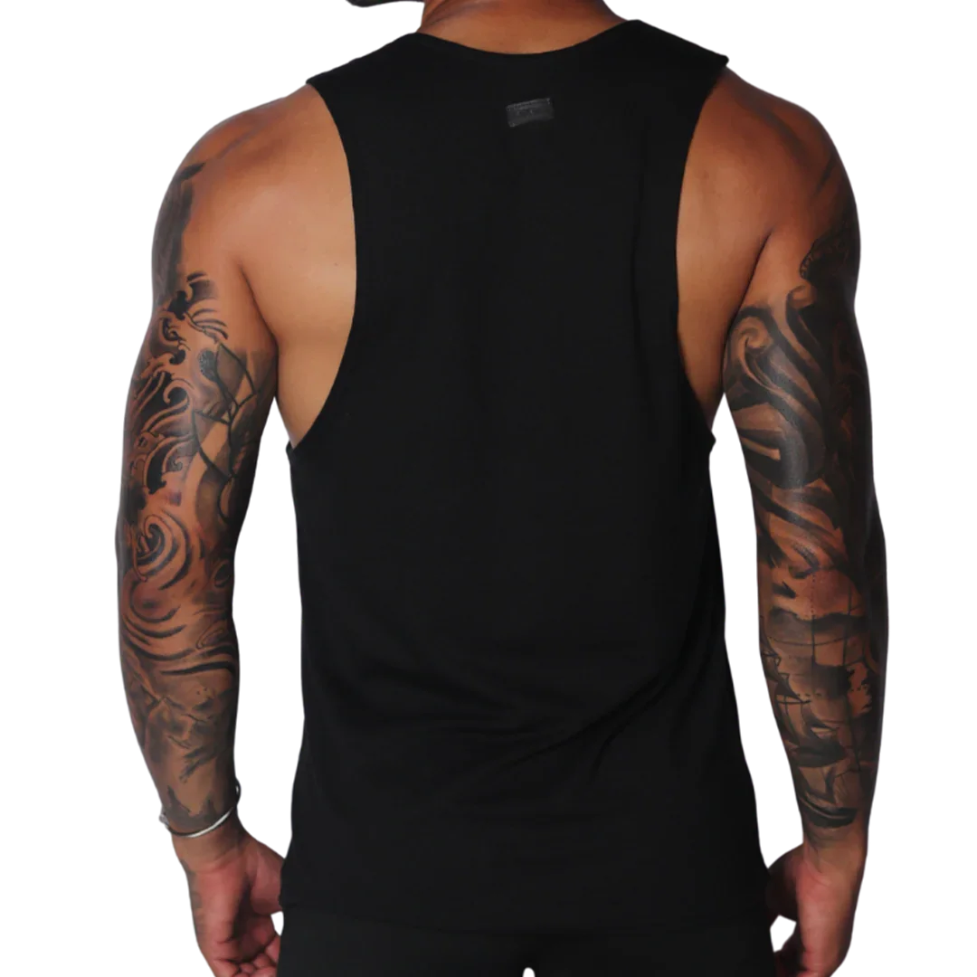 Black sleeveless cotton tank top with dropped armholes, a raw edge finish, and a small logo patch at the nape.