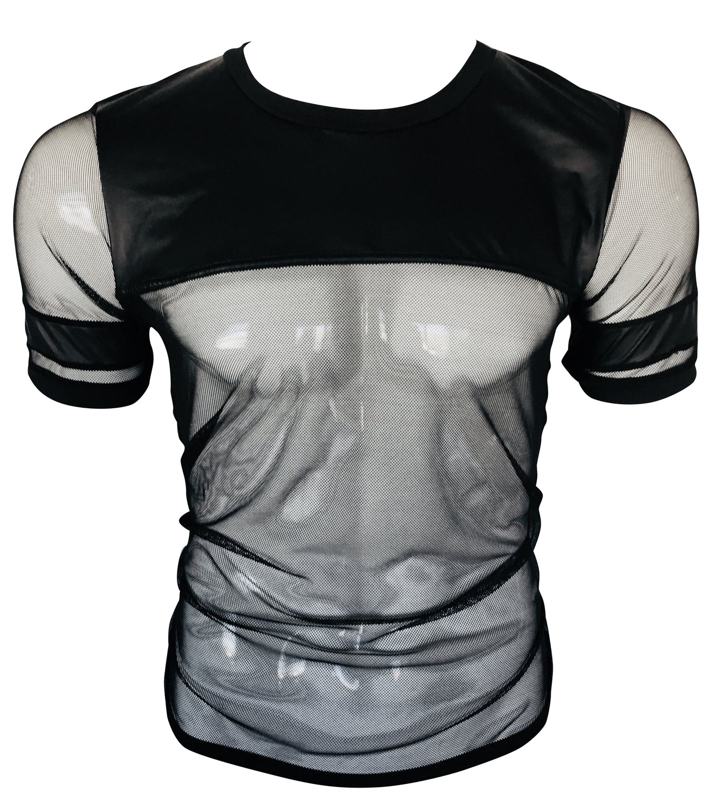 Black vinyl and mesh tee with short sleeves sheer panels and solid black trim for stylish casual wear