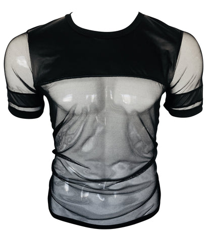 Black vinyl and mesh tee with short sleeves sheer panels and solid black trim for stylish casual wear