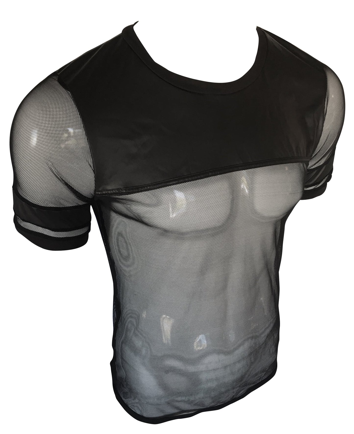 Black mesh short-sleeved vinyl and mesh tee with solid black panel across chest and shoulders in front view